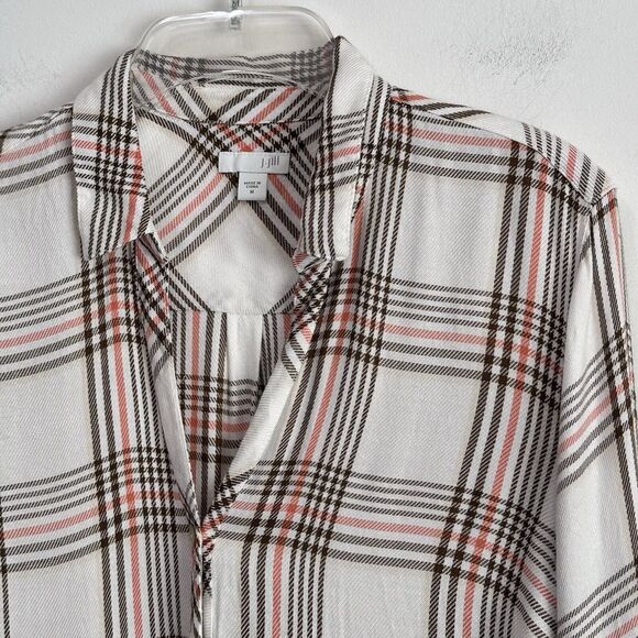 J Jill Blouse Shirt M Rayon Long Sleeve Plaid Button Front V Neck Casual Relaxed - Picture 3 of 11